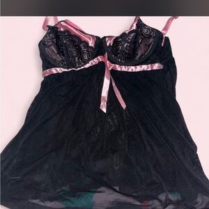 Black Sheer Chemise with Pink Satin Accents